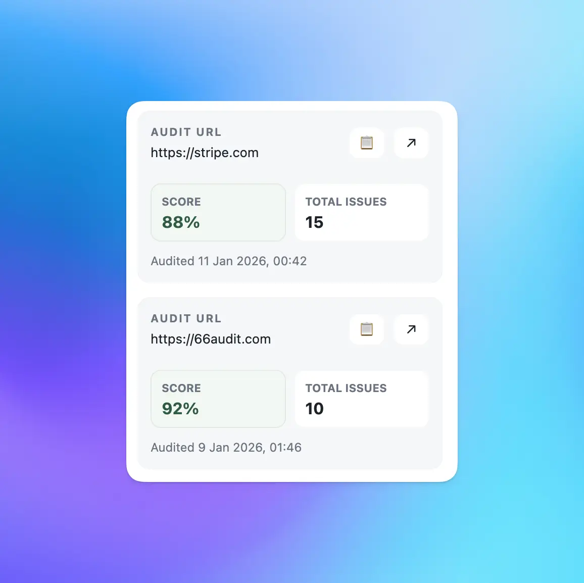 Screenshot of the Chrome extension recent SEO audits feature